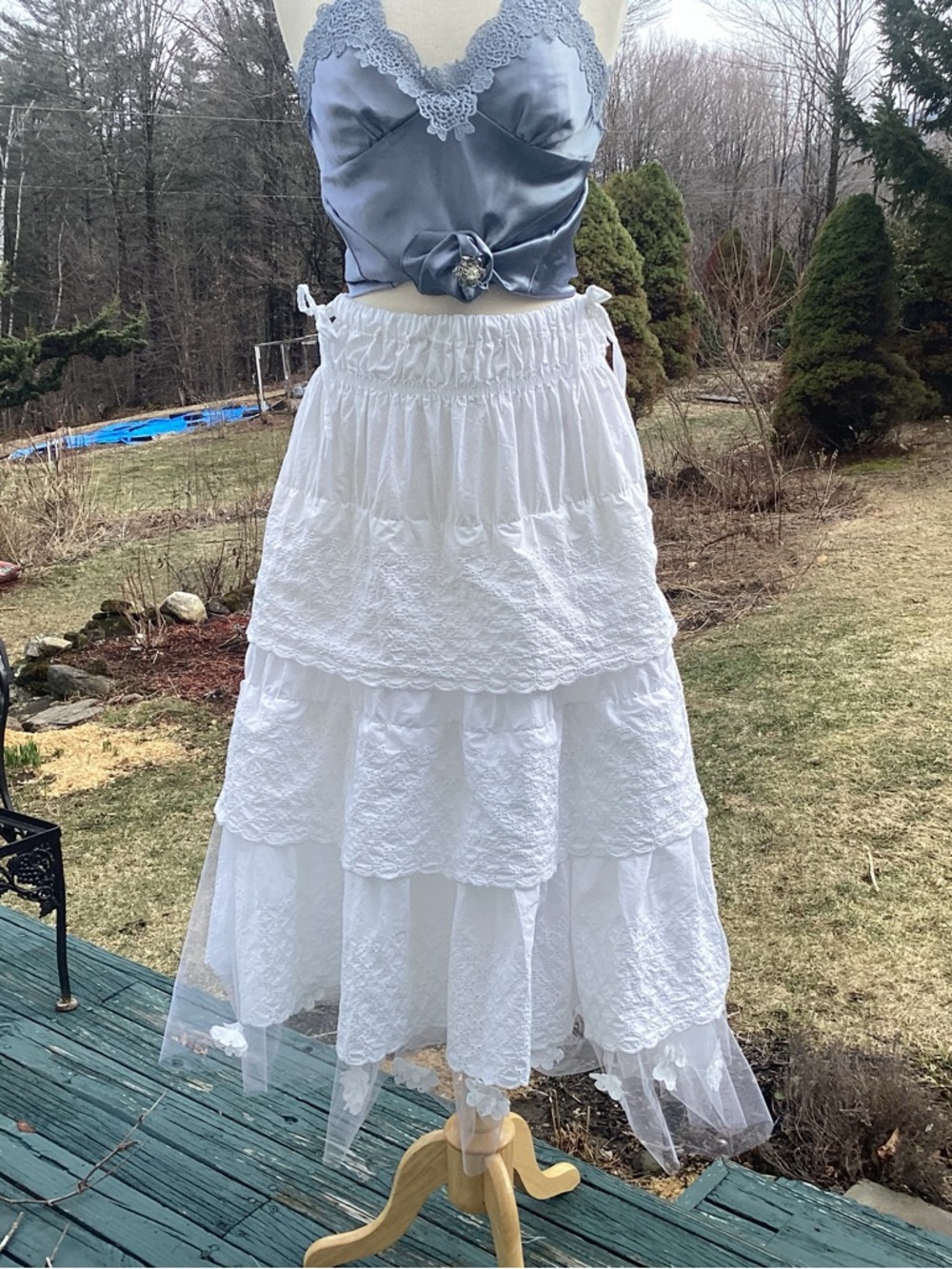 Upcycle Annie upcycled bed skirt white eyelet tiered maxiskirt Small to XL